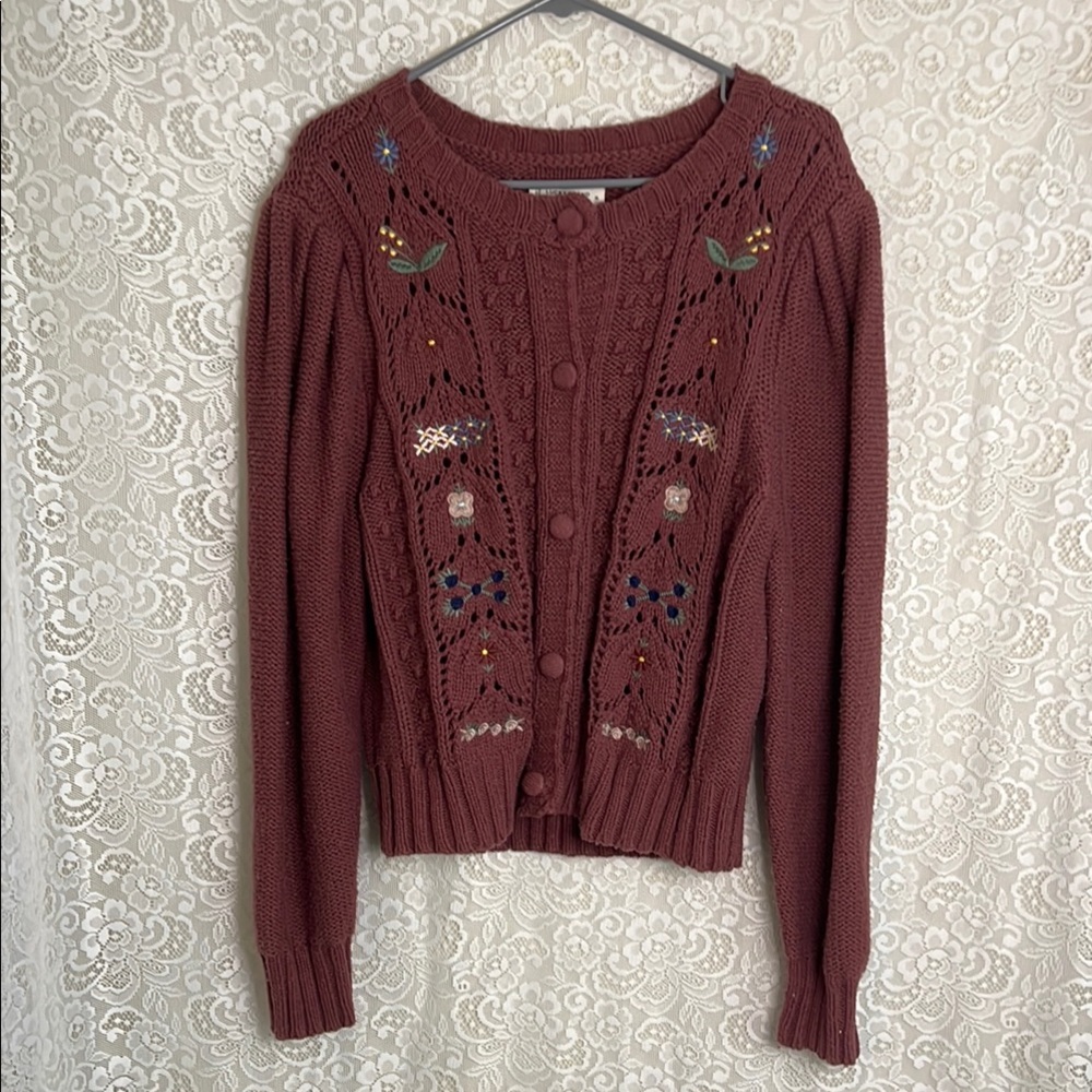 Lucky Brand Burgundy Embroidered Cardigan